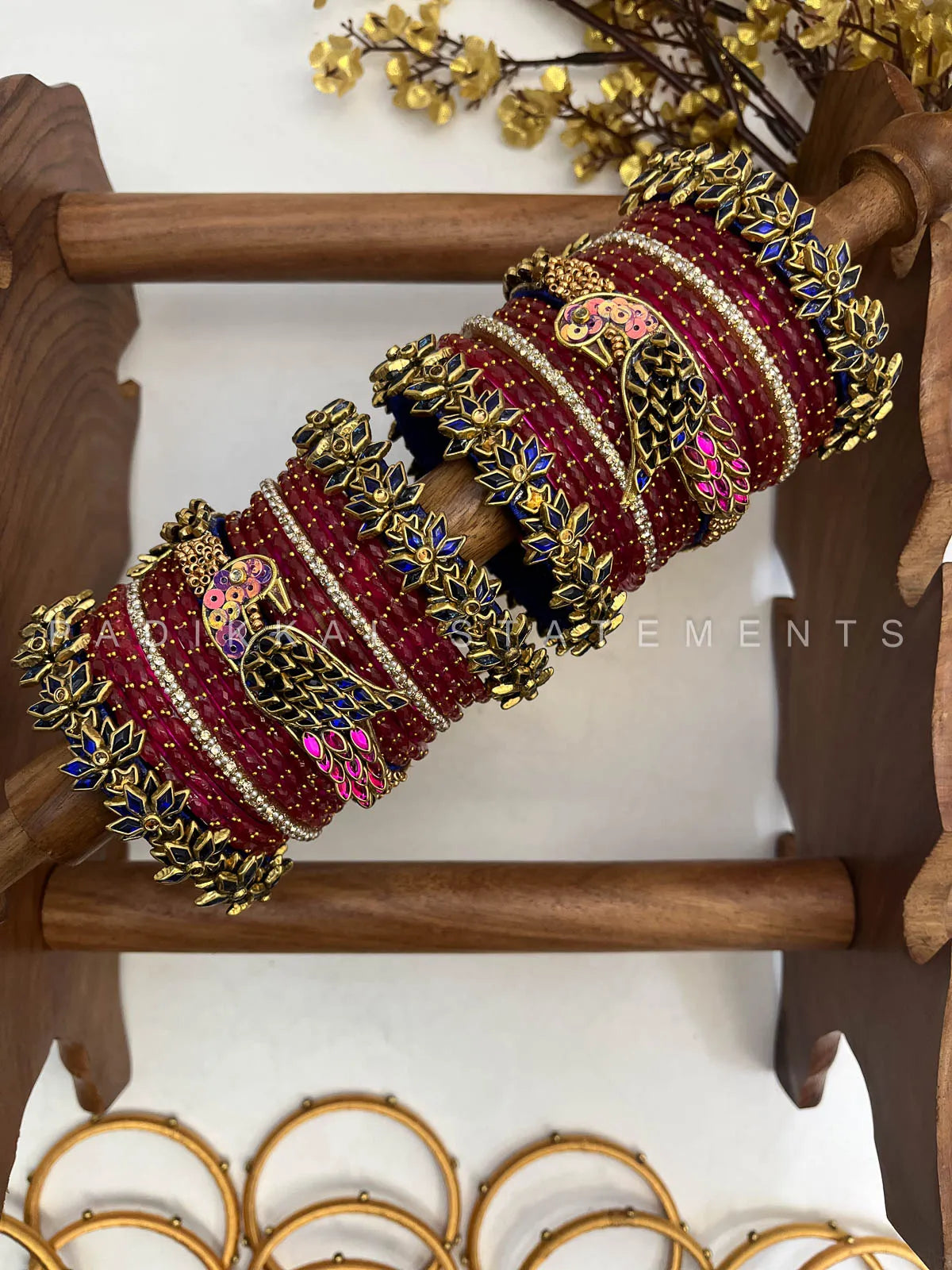 Aarvika Kundan Bangles – Rani Pink, Dark Blue & Gold – image 2