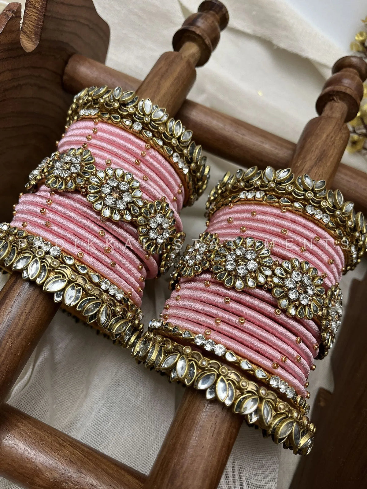 Madhurima Pushpa Kundan Bangle Set – Pastel Pink, Mirror White & Antique Gold – image 2