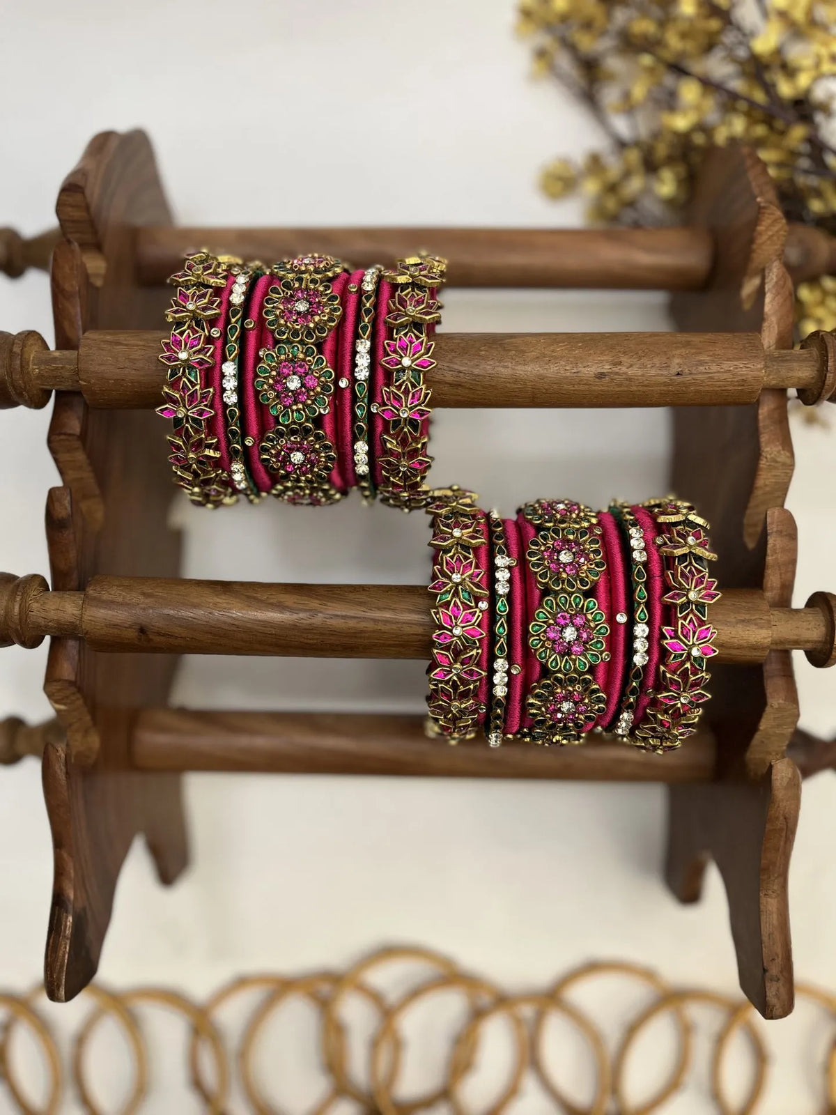 Pushkara Rani Floral Kundan Bangle Set | Rani Pink and Emerald Green – image 2