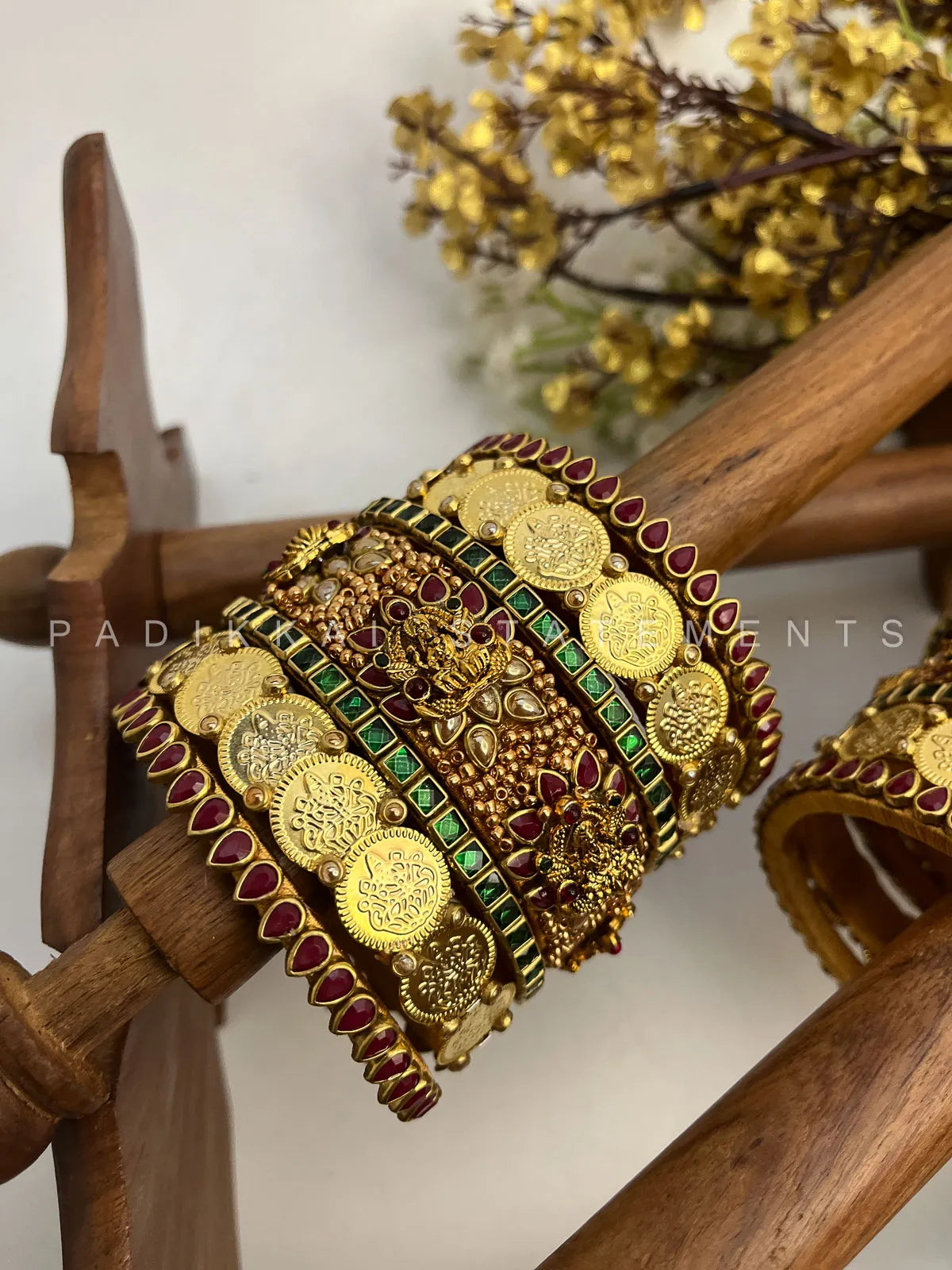 Rajalakshmi Kundan Bangles – Burgundy, Dark Green and Gold – image 2