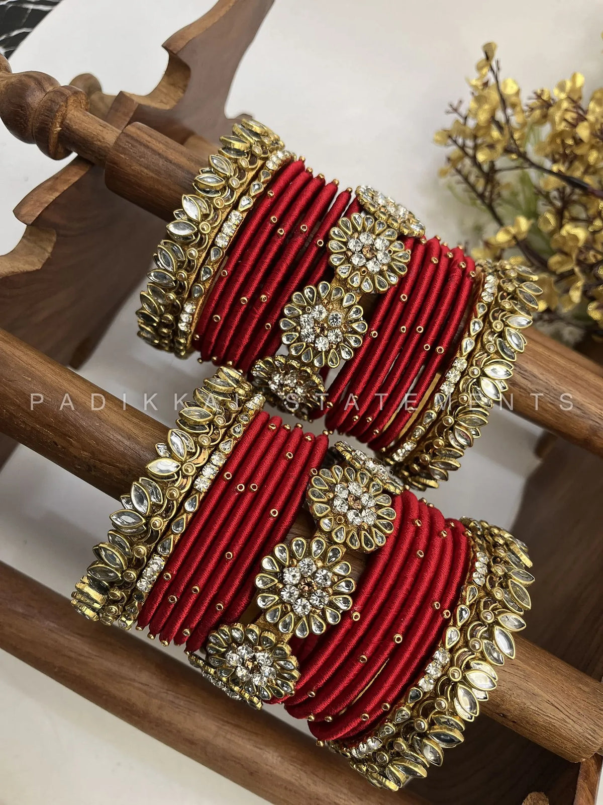 Madhurima Pushpa Kundan Bangle Set – Crimson Red, Mirror White & Antique Gold – image 2