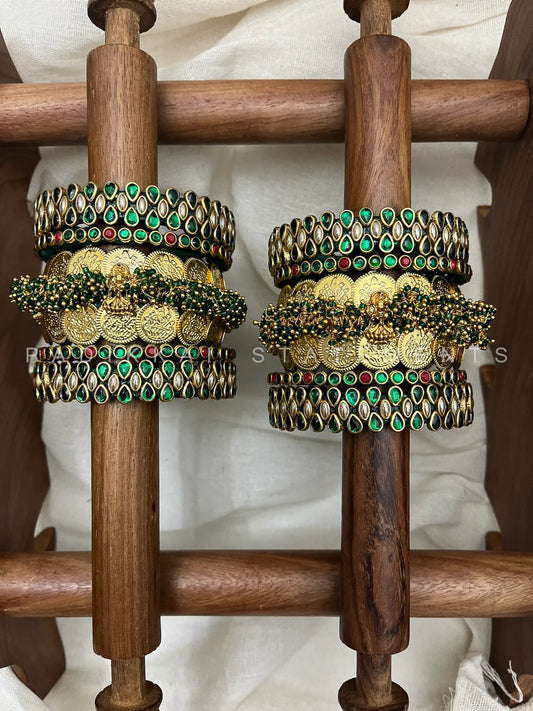 Shree Valli Kundan Bridal Set – Emerald Green, Maroon and Pearl Gold