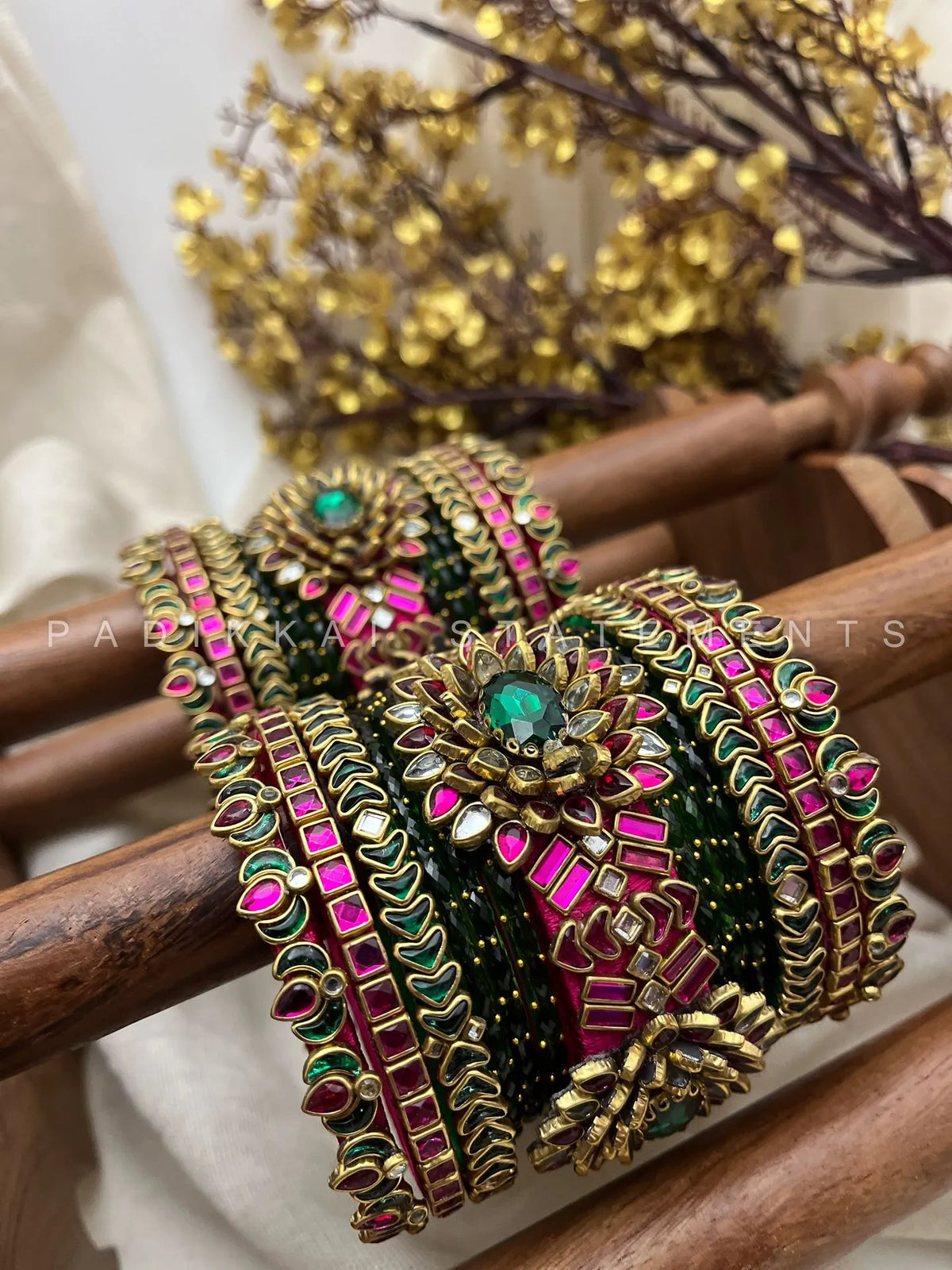 Chola Ilavarasi Lotus Crown Kundan Bangles – Rani Pink and Bottle Green – image 2