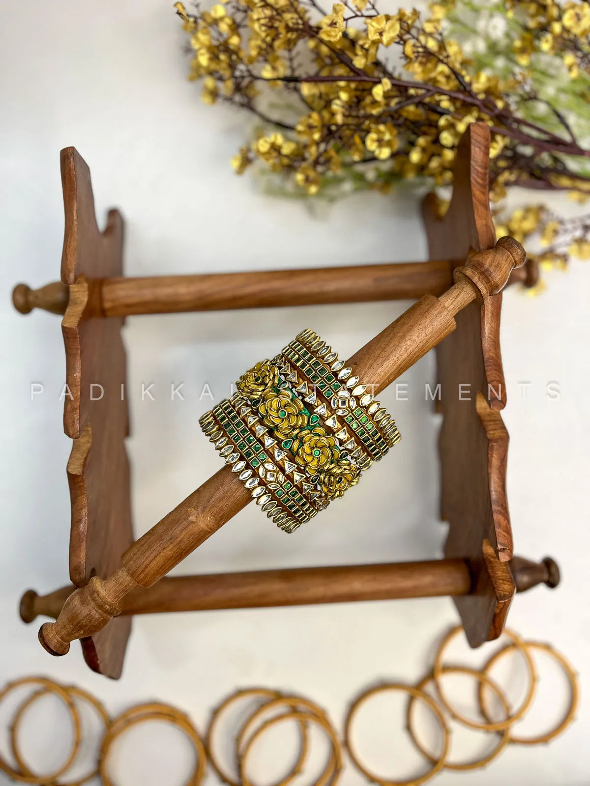 Manvika Floral Kundan Bangle Set – Dark Green, Yellow and Gold – image 2