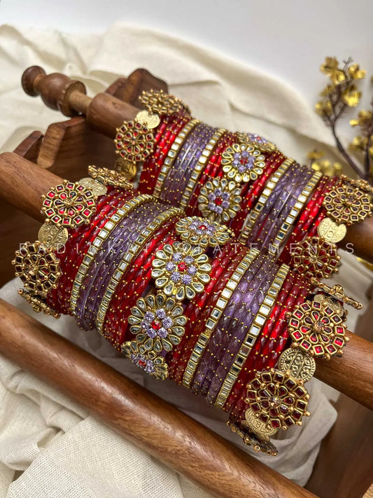 Ruhani Kundan Bangles – Ruby Red, Lilac & Gold