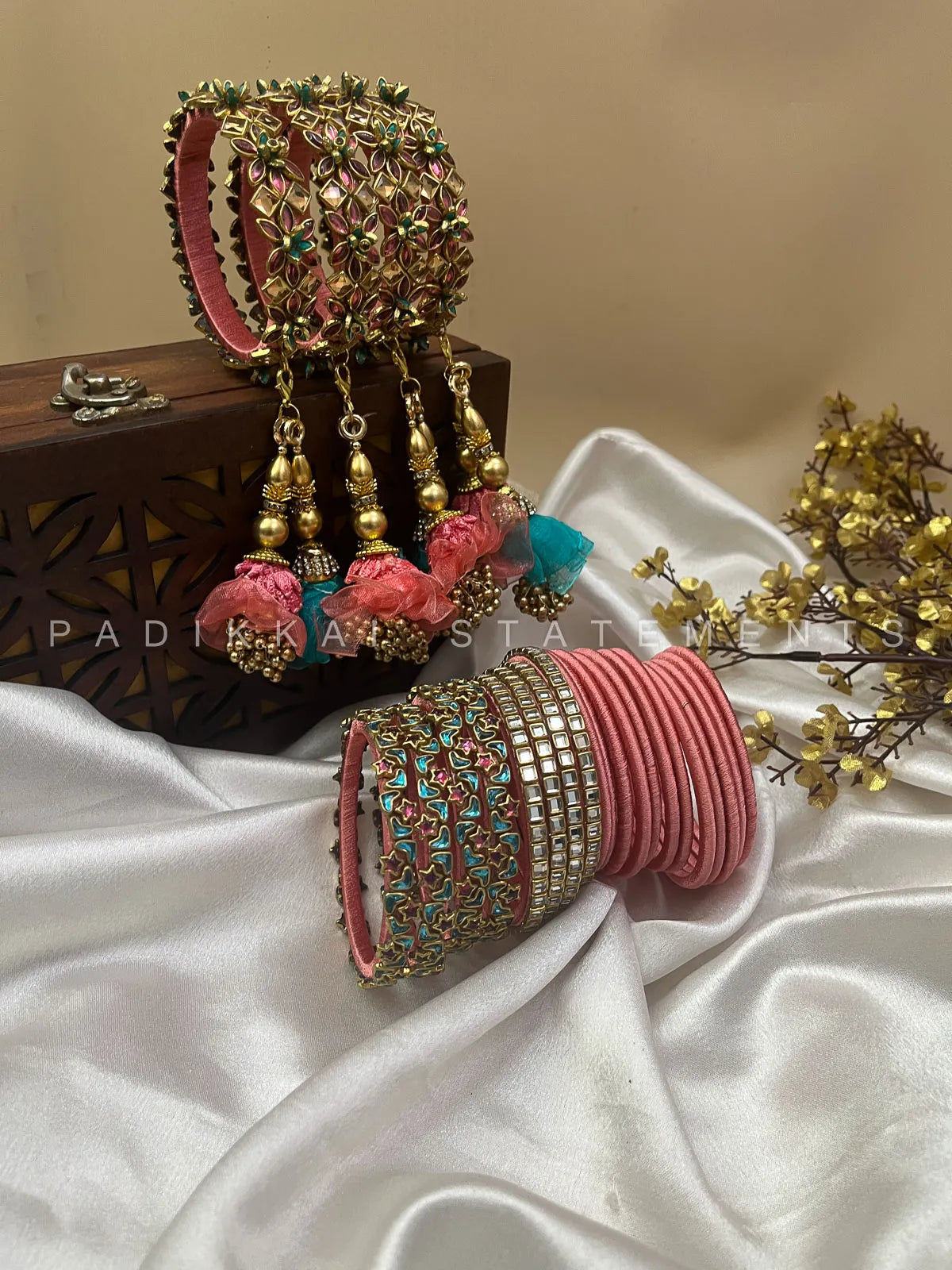 Leela Mayura Latkan Kundan Bangle Set – Rose Pink, Turquoise Blue and Antique Gold – image 2