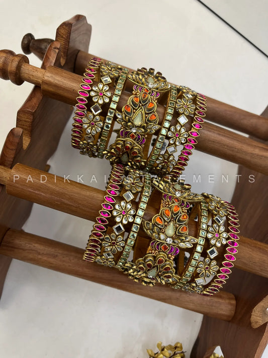 Mayura Varnam Bridal Kundan Bangles – Rani Pink, Mint Green and Gold