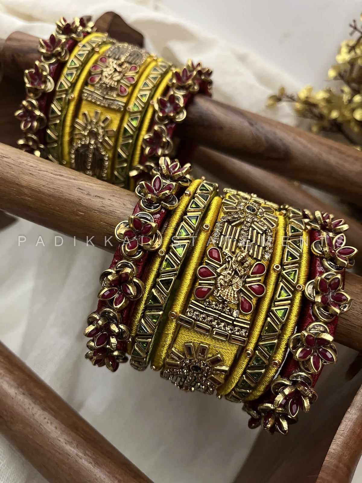 Radha Krishna Sandhya Kundan Bangle Set – Maroon, Mustard Yellow & Antique Gold – image 2