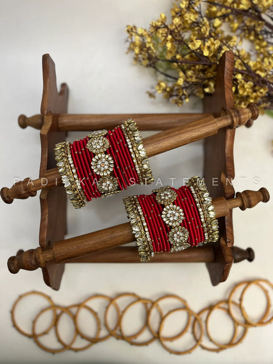 Madhurima Pushpa Kundan Bangle Set – Crimson Red, Mirror White & Antique Gold