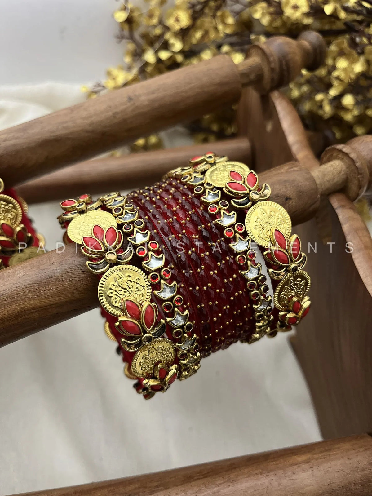 Sampada Lakshmi Kundan Bangle Set – Crimson Red & Antique Gold – image 2