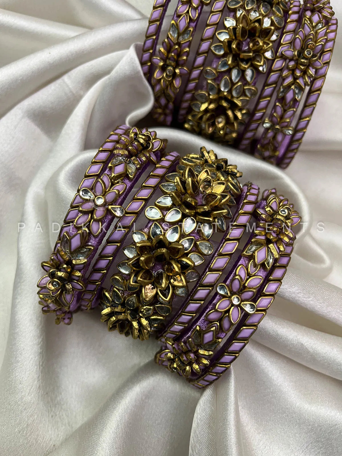 Orchid Malar Kundan Bangles – Lilac, Misty Orchid and Gold – image 2
