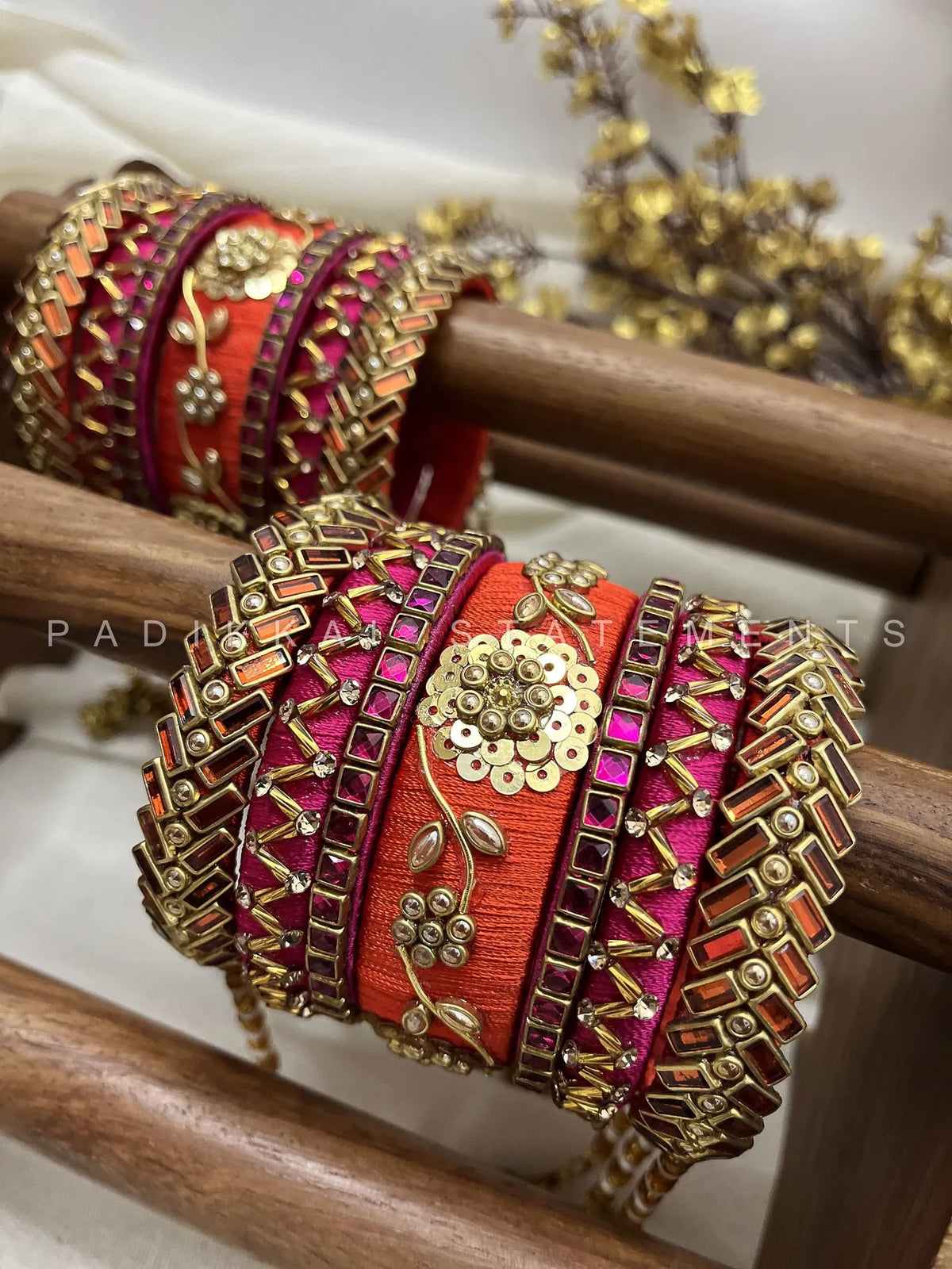 Rajputana Chakra Bloom Kundan Bridal Set – Orange and Rani Pink – image 2