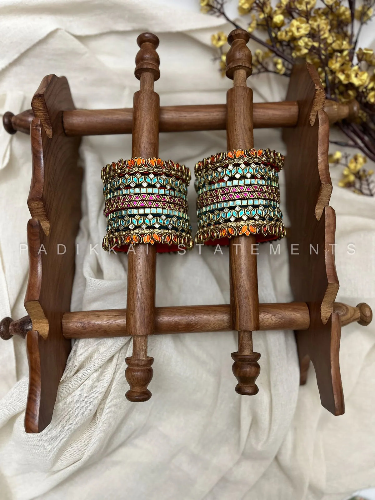 Thamarai Varnika Festive Kundan Bangle Set – Sea Blue, Magenta Pink, Orange & Antique Gold – image 3