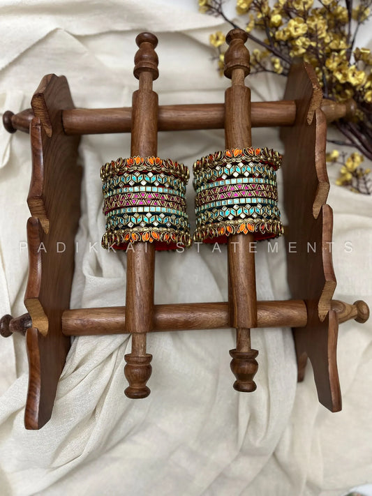 Thamarai Varnika Festive Kundan Bangle Set – Sea Blue, Magenta Pink, Orange & Antique Gold – image 3
