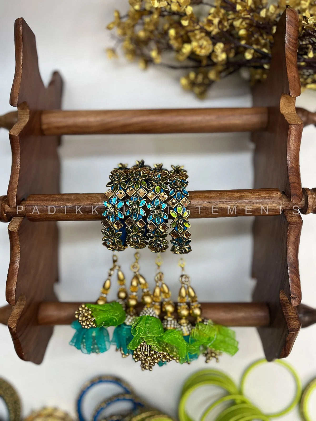 Leela Mayura Latkan Kundan Bangle Set – Parrot Green, Peacock Blue and Antique Gold – image 2