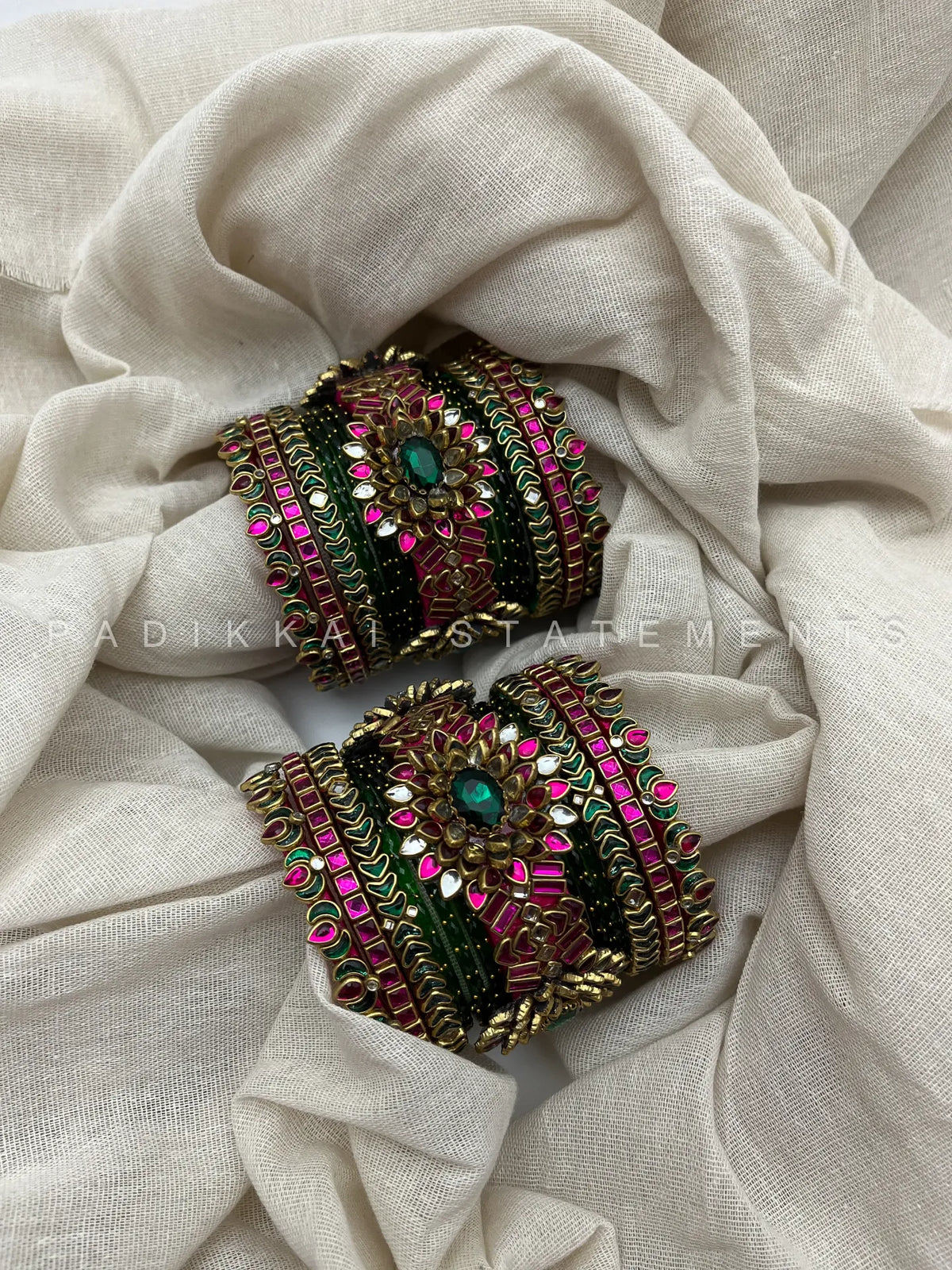 Chola Ilavarasi Lotus Crown Kundan Bangles – Rani Pink and Bottle Green