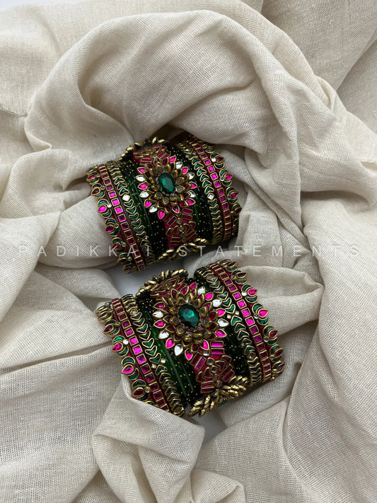Chola Ilavarasi Lotus Crown Kundan Bangles – Rani Pink and Bottle Green