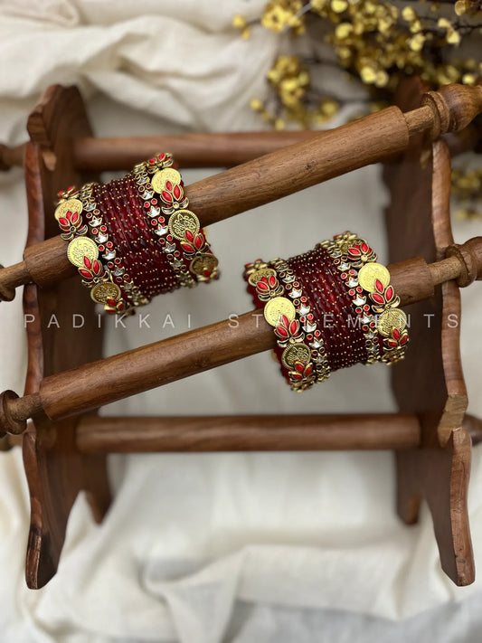 Sampada Lakshmi Kundan Bangle Set – Crimson Red & Antique Gold