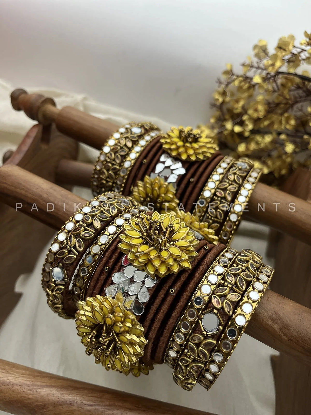 Sunflora Bloom Bridal Kundan Bangle Set – Yellow, Cocoa Brown & Antique Gold – image 2