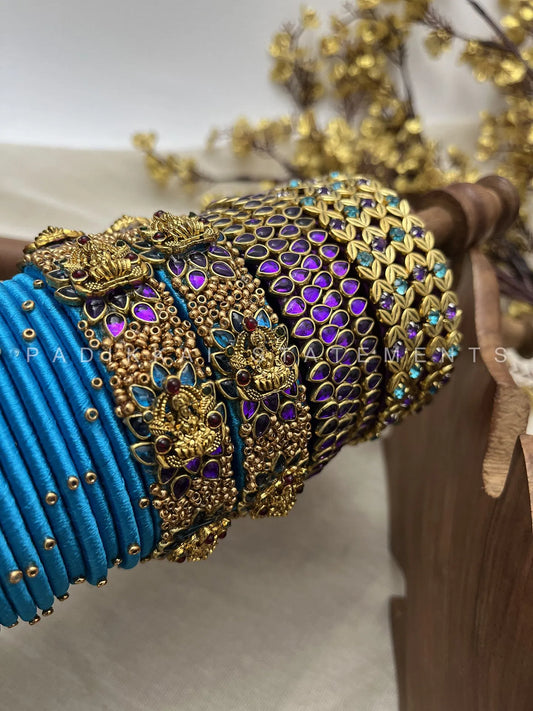 Antique Padmaraga Lakshmi Kundan Bangle Set – Peacock Blue, Royal Purple & Antique Gold – image 3