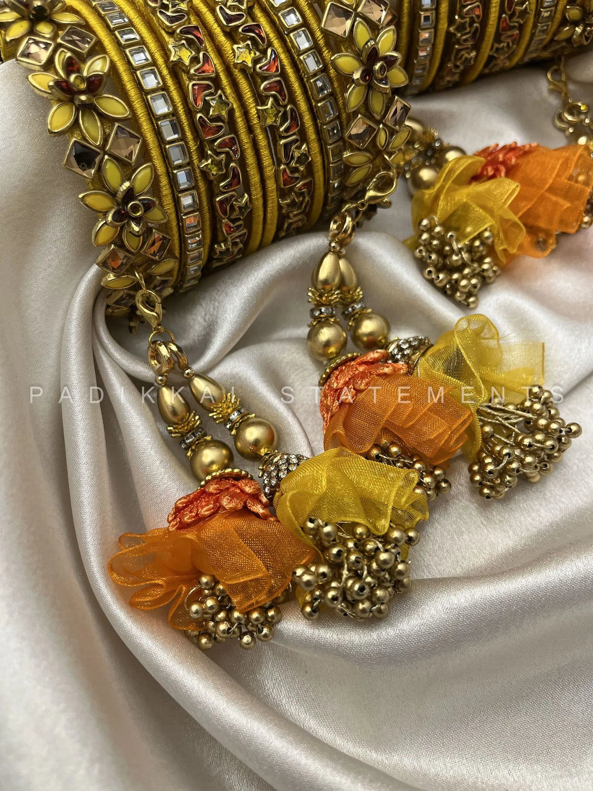 Aarohi Malar Festive Kundan Bangle Set – Saffron Yellow, Orange & Antique Gold – image 2