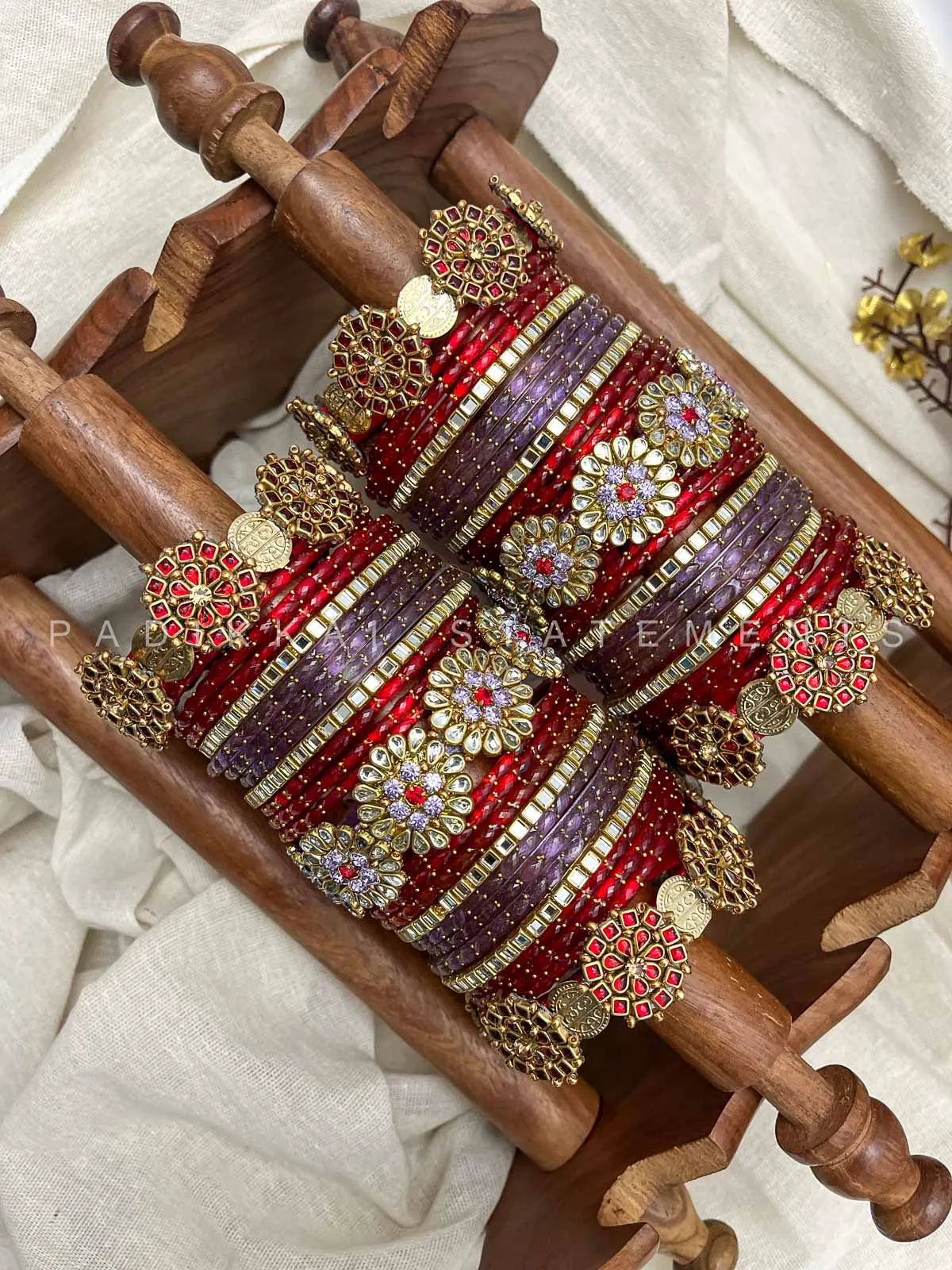 Ruhani Kundan Bangles – Ruby Red, Lilac & Gold – image 2