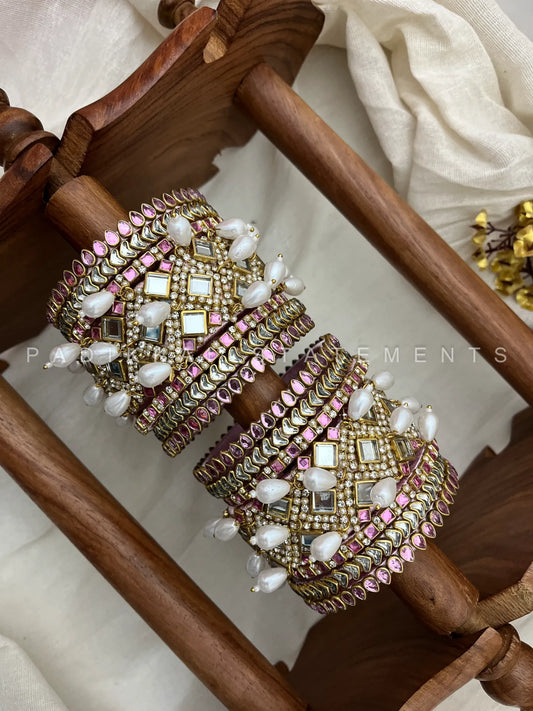 Pearl Cascade Bridal Kundan Bangles – Baby Pink, Pearl White and Gold