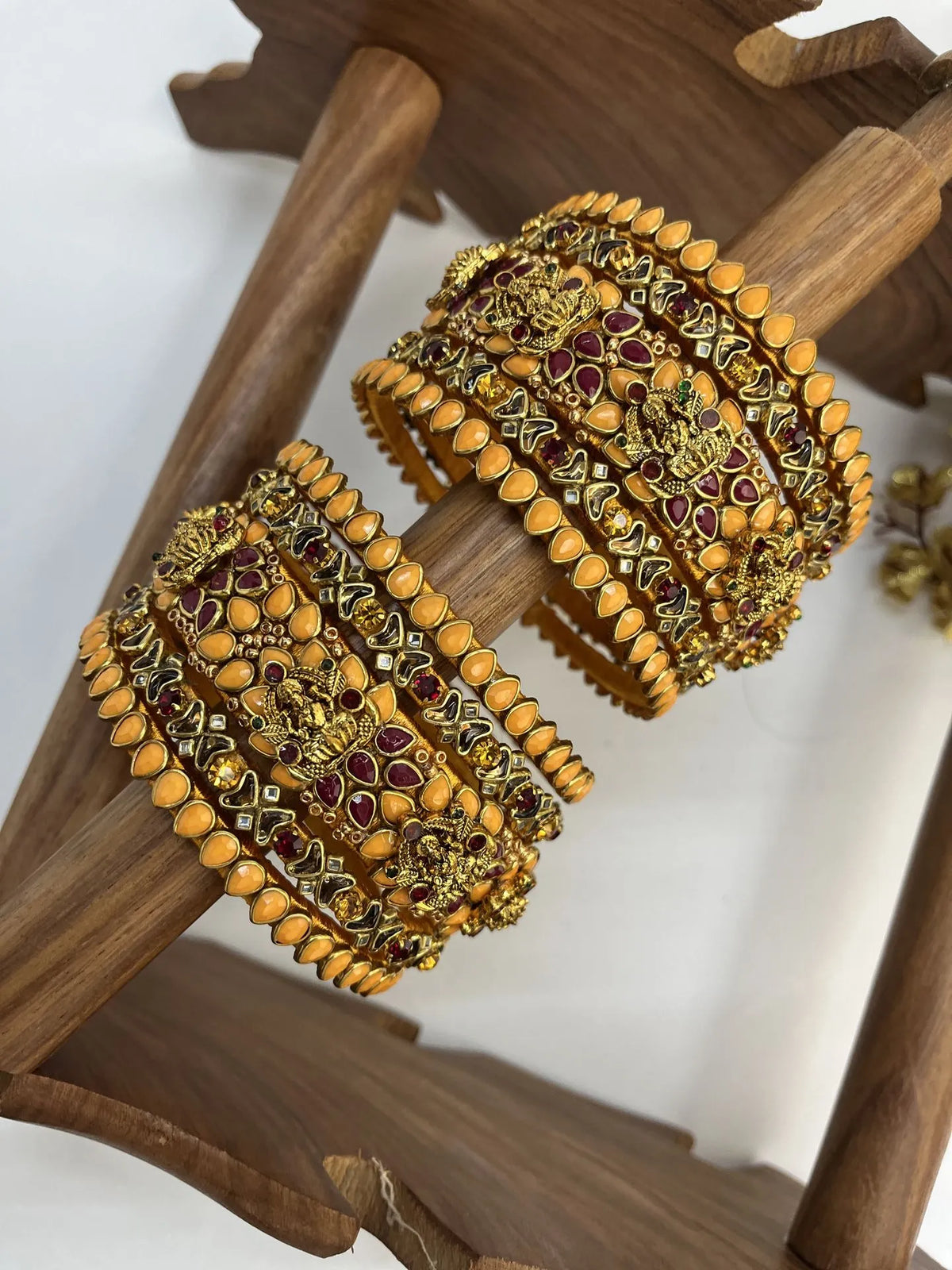 Antique Surya Kundan Bangle Set | Bride – Mango Yellow & Maroon – image 2