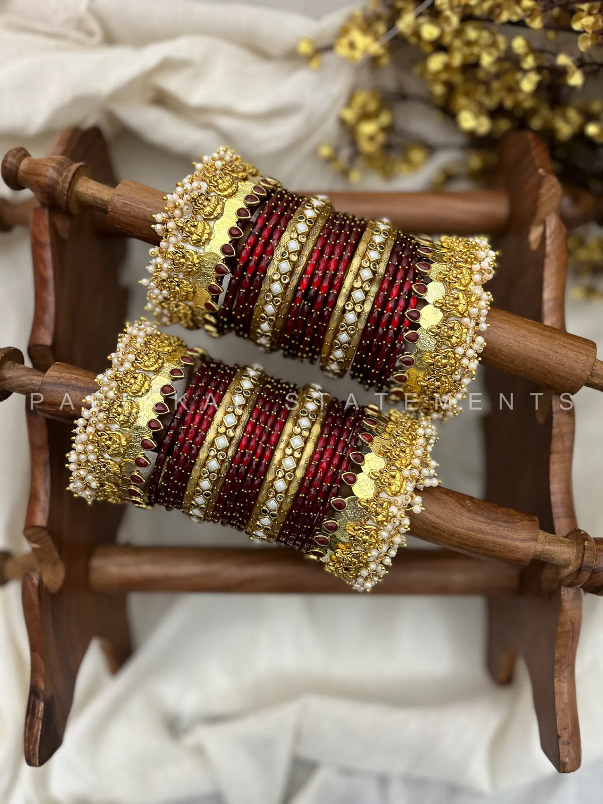 Vaibhavam Lakshmi Bridal Kundan Bangle Set – Maroon, Pearl White & Antique Gold