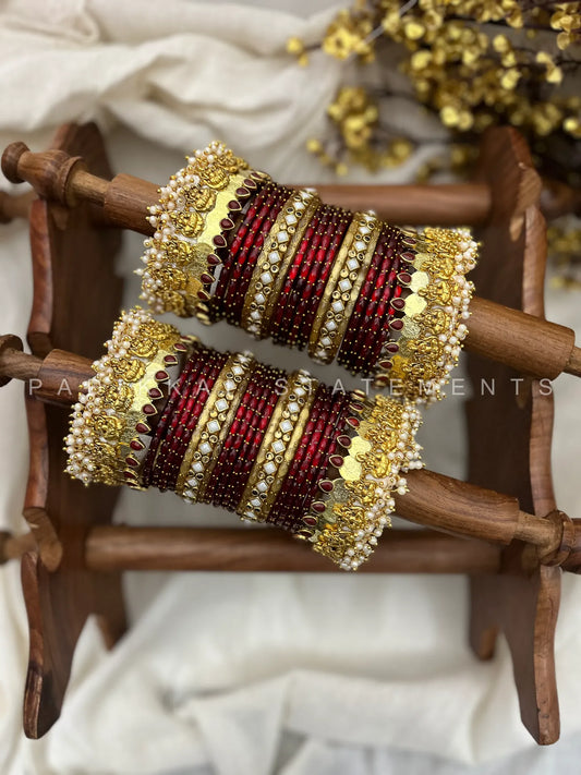 Vaibhavam Lakshmi Bridal Kundan Bangle Set – Maroon, Pearl White & Antique Gold
