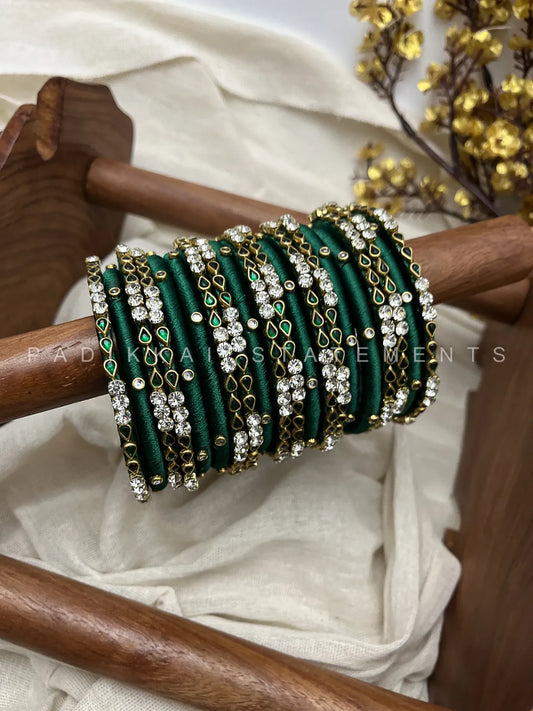 Thulir Kundan Bangle Set – Dark Green, Mirror White and Antique Gold