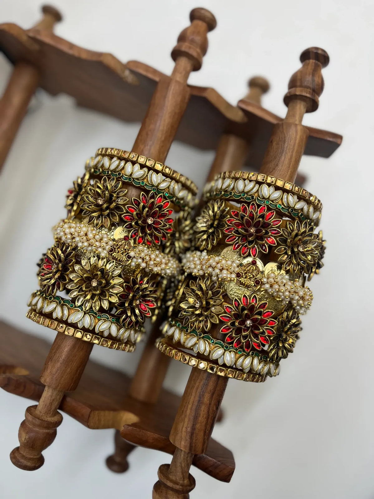 Heritage Lotus 3D Bridal Bangle Set | Bridal  – Red, Gold & White