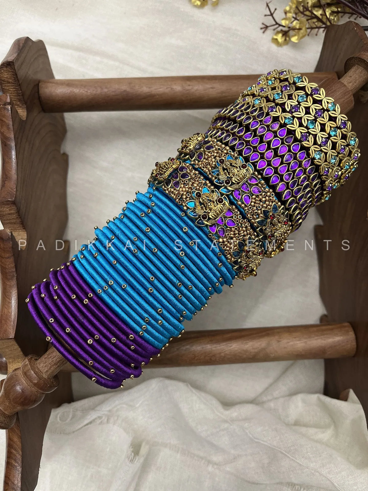 Antique Padmaraga Lakshmi Kundan Bangle Set – Peacock Blue, Royal Purple & Antique Gold – image 5