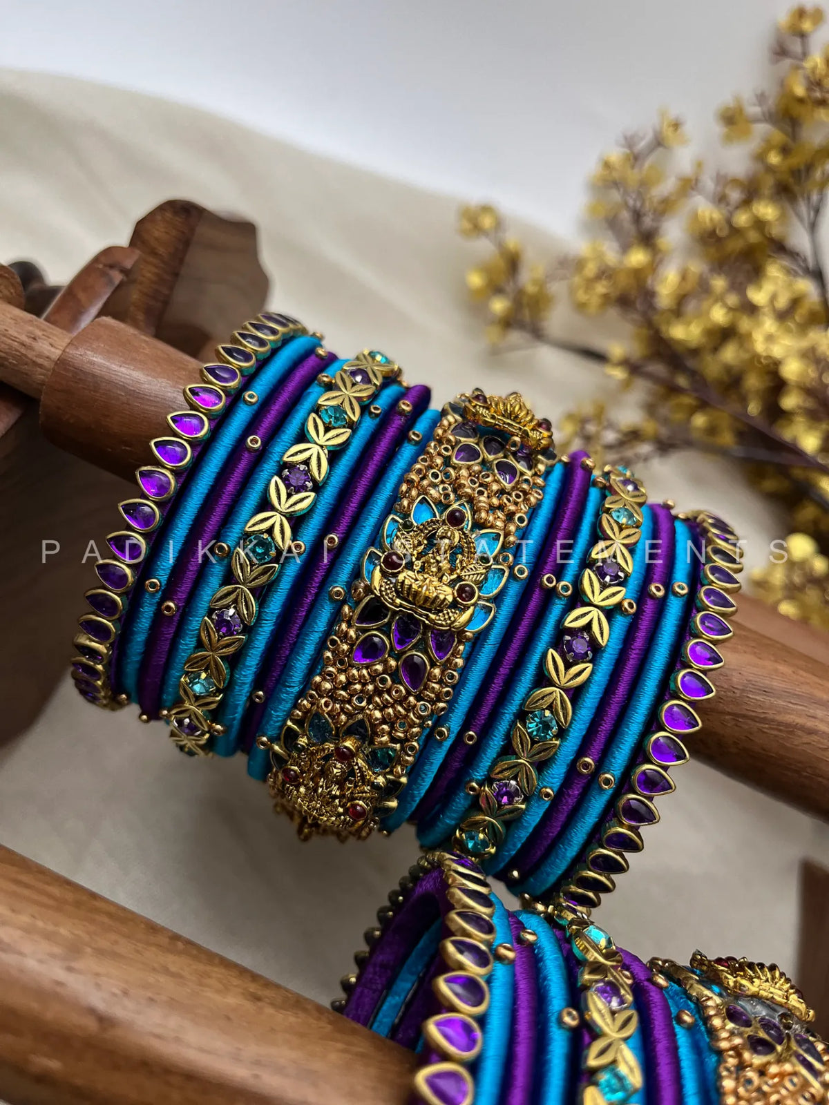 Antique Padmaraga Lakshmi Kundan Bangle Set – Peacock Blue, Royal Purple & Antique Gold