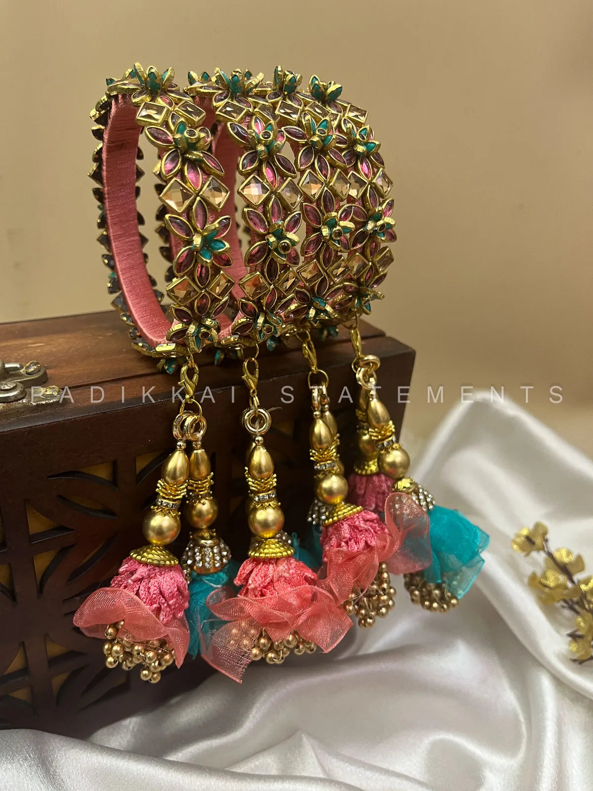 Leela Mayura Latkan Kundan Bangle Set – Rose Pink, Turquoise Blue and Antique Gold – image 6