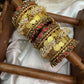 Varnika Lotus Coin Bridal Kundan Bangle Set – Ruby Red, Copper Gold & Antique Gold – image 2