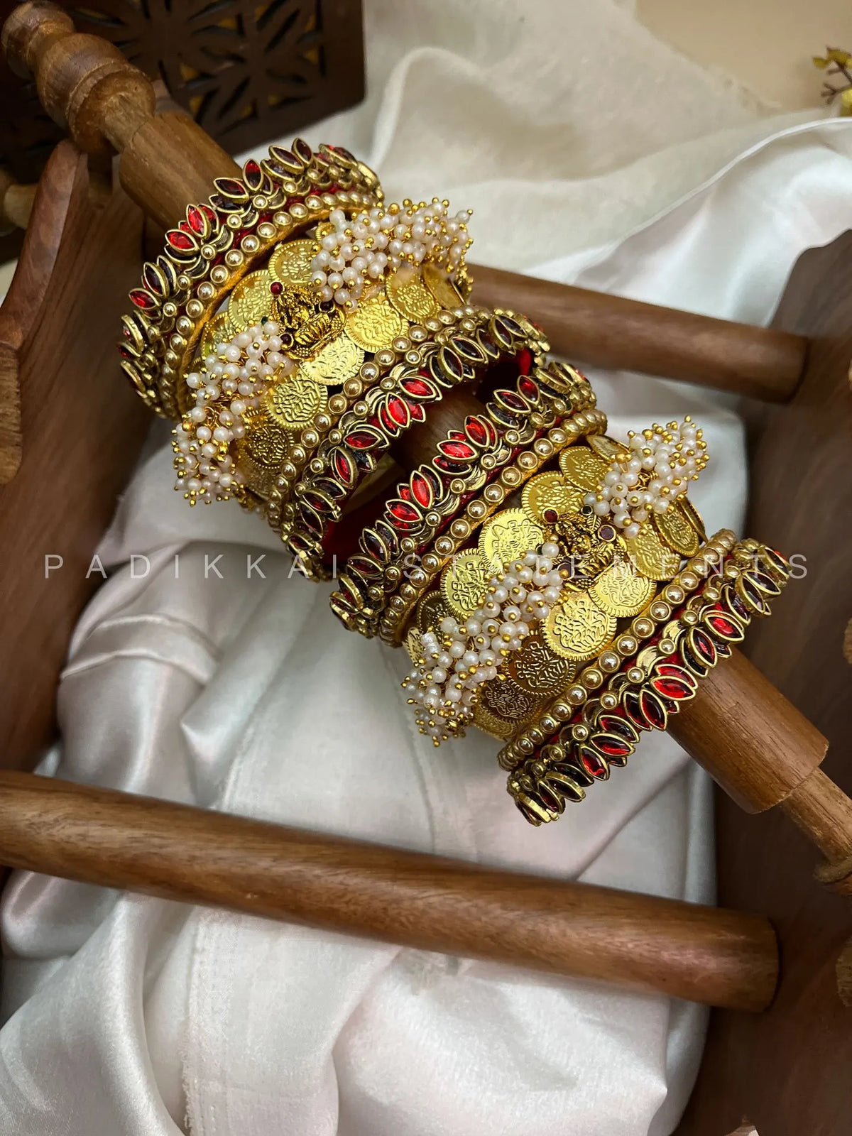 Varnika Lotus Coin Bridal Kundan Bangle Set – Ruby Red, Copper Gold & Antique Gold – image 2