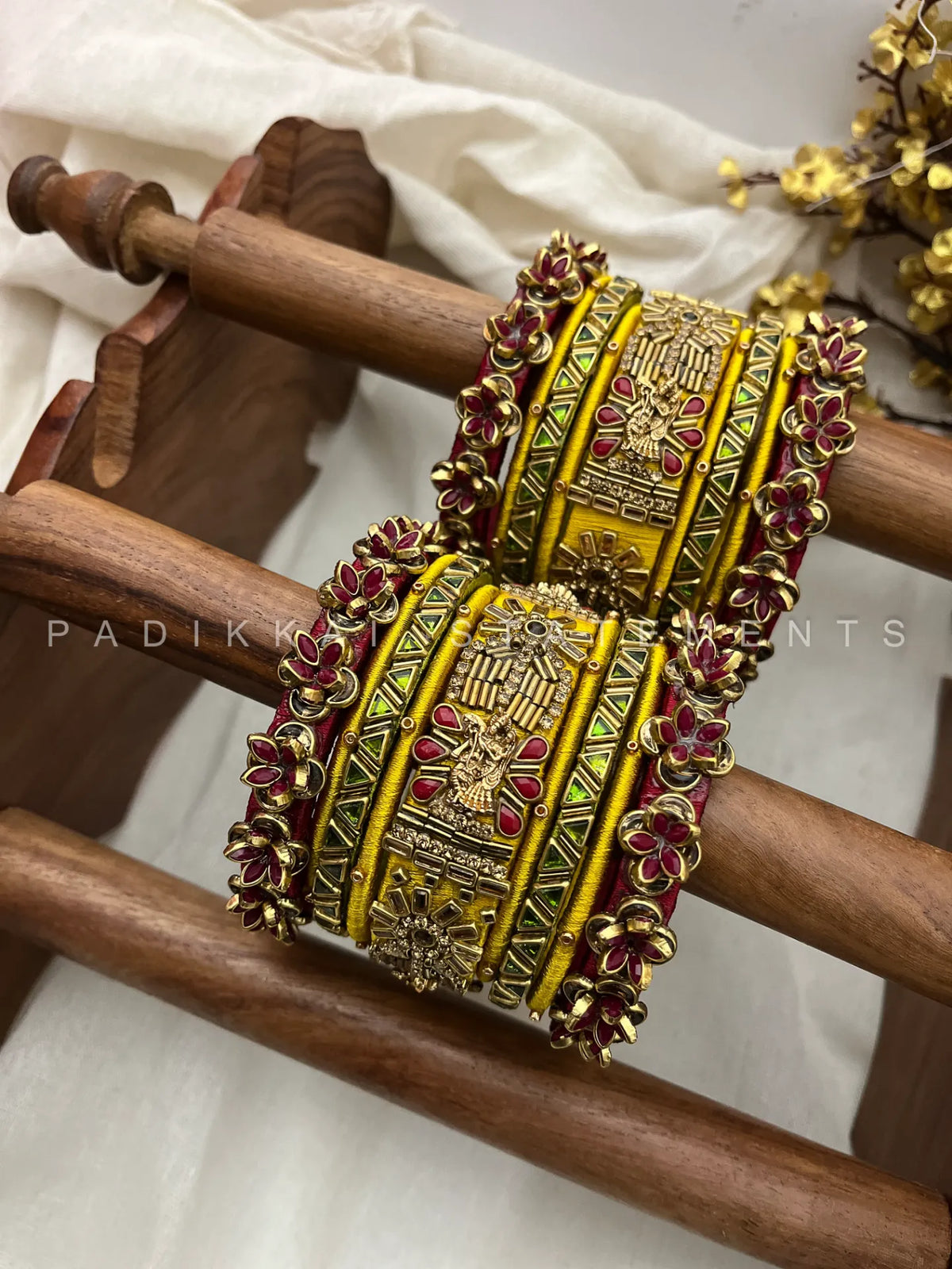 Radha Krishna Sandhya Kundan Bangle Set – Maroon, Mustard Yellow & Antique Gold
