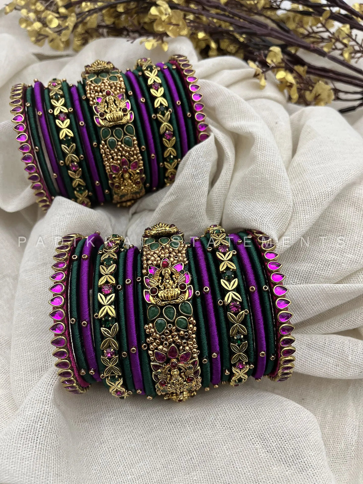 Antique Padmaraga Lakshmi Kundan Bangle Set – Magenta Pink, Peacock Green & Antique Gold – image 2