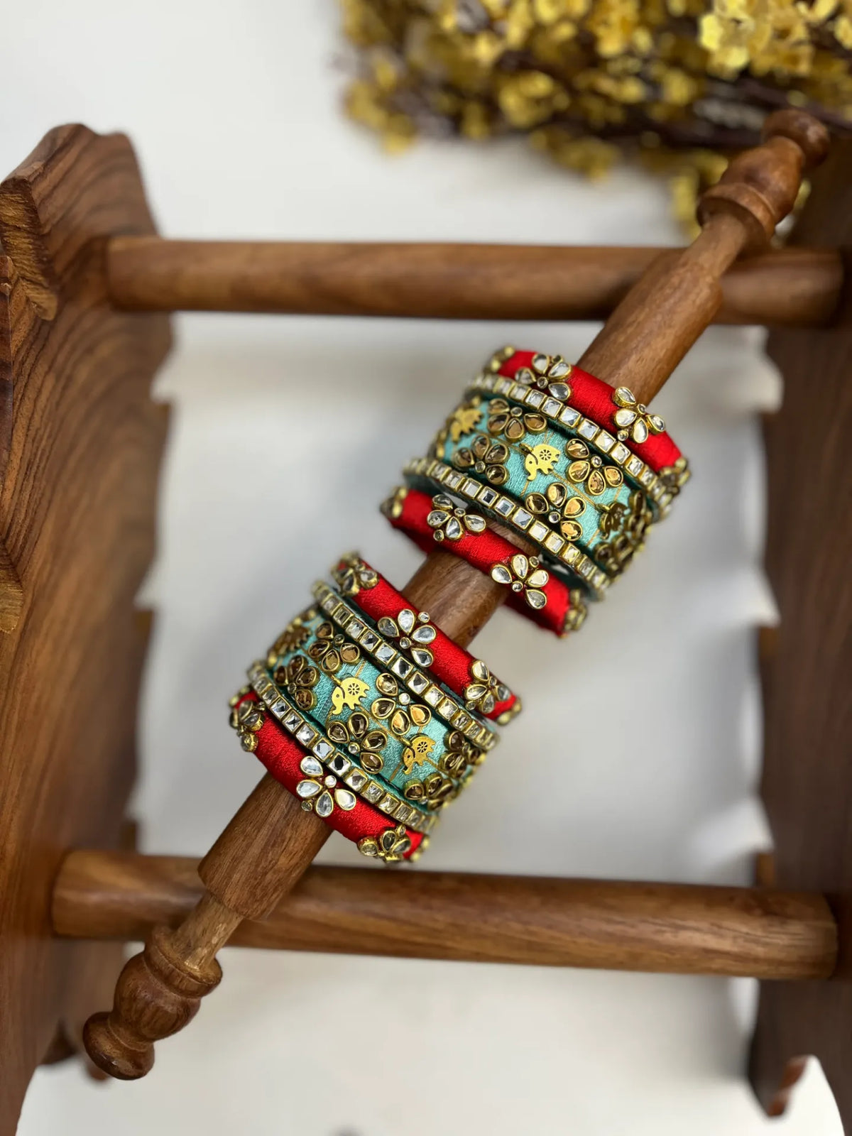 Gaja Motif Kundan Bangle Set | Bridesmaid – Crimson Red & Ocean Blue