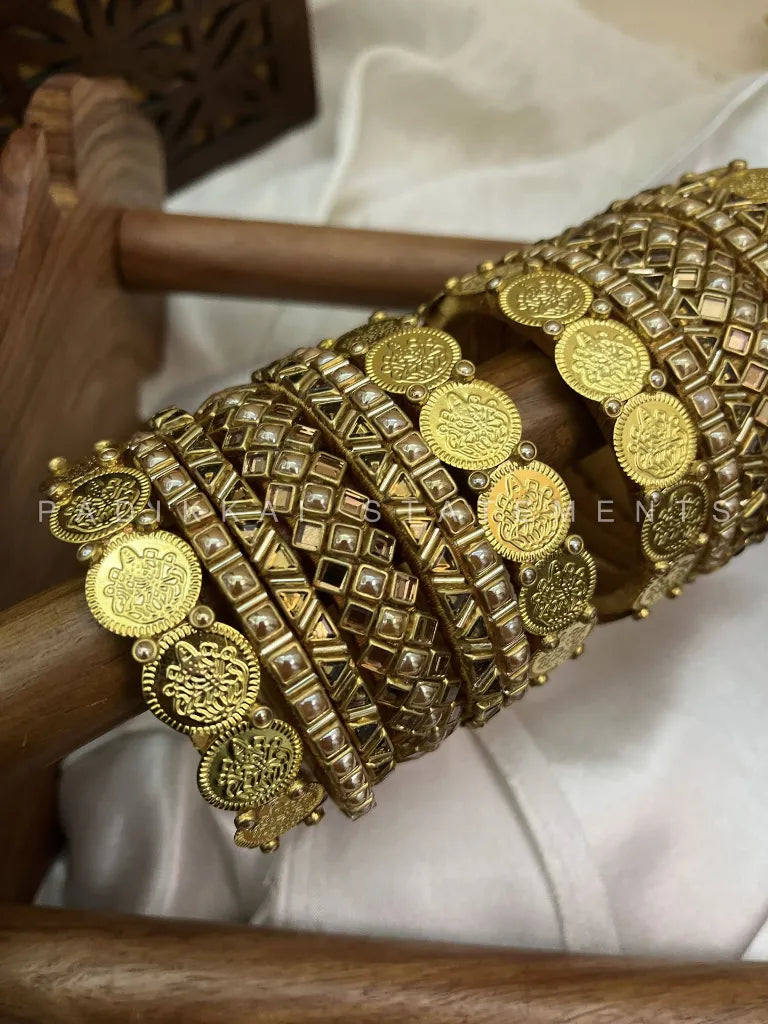 Royal Lakshmi Bridal Kundan Bangles – Pearl Gold and Mirror Gold – image 3