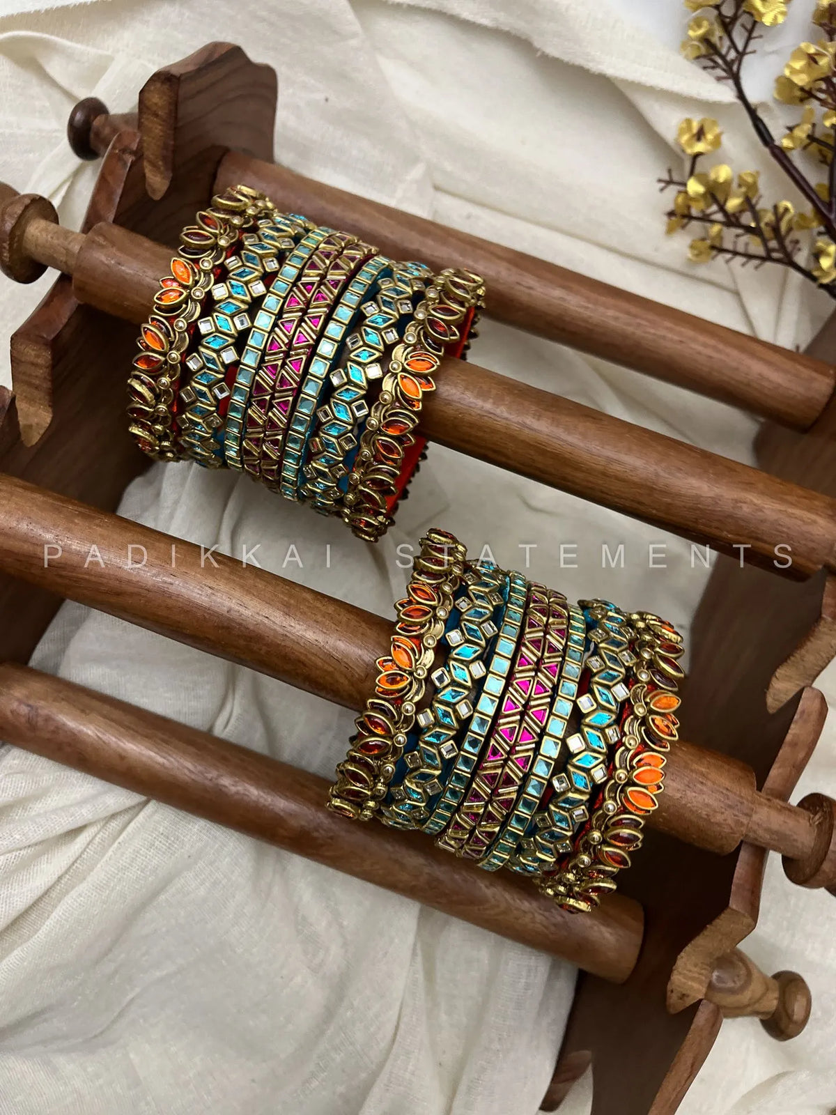 Thamarai Varnika Festive Kundan Bangle Set – Sea Blue, Magenta Pink, Orange & Antique Gold – image 2
