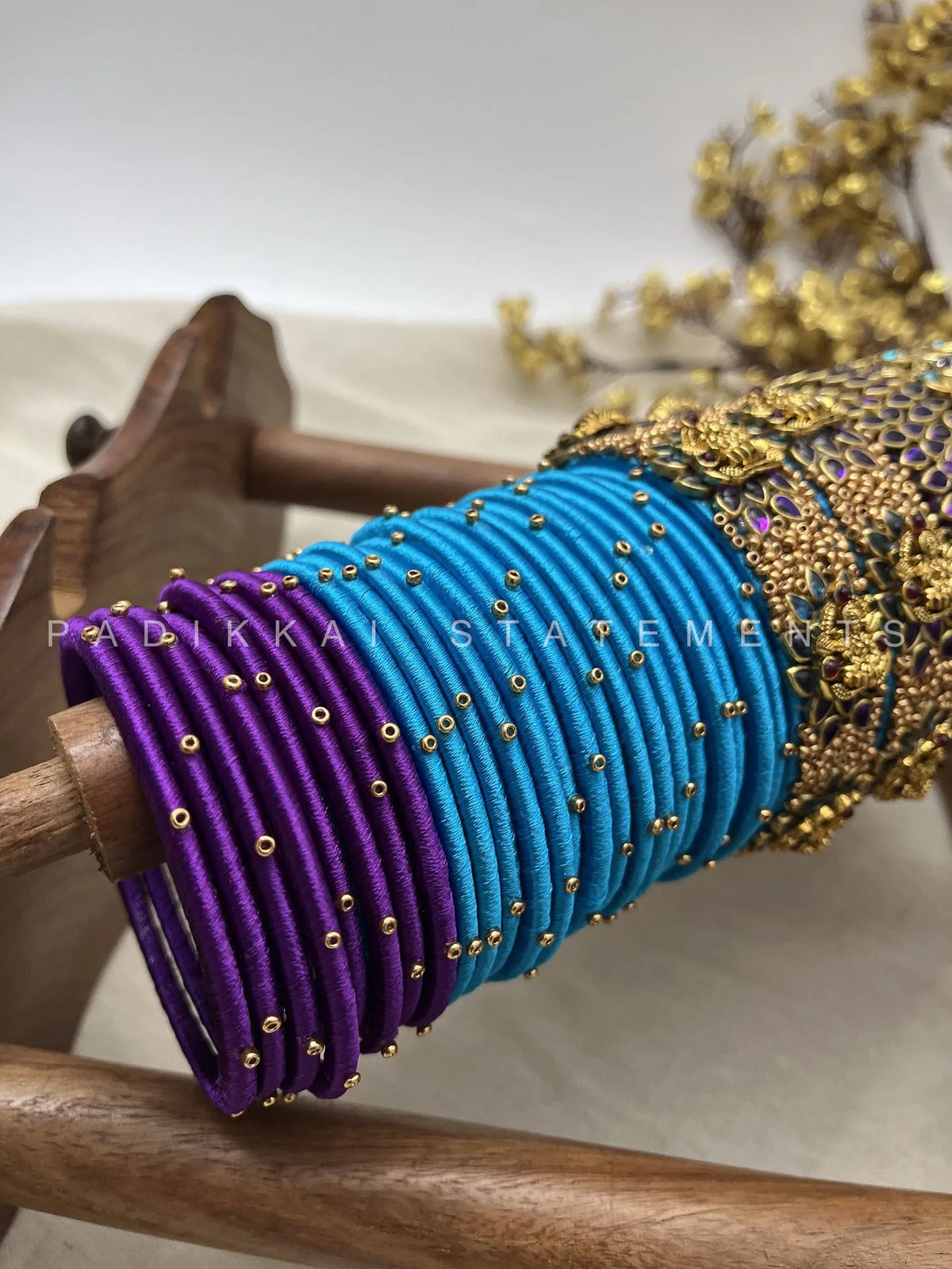 Antique Padmaraga Lakshmi Kundan Bangle Set – Peacock Blue, Royal Purple & Antique Gold – image 4